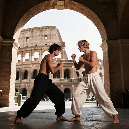 Dramatic Duel Under Ancient Archway