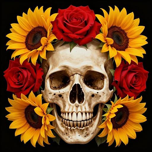 Skull with Vibrant Roses and Sunflowers