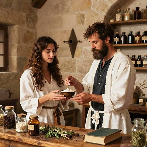 Photograph of a bearded man with curly hair and a long-haired woman, both in white robes, preparing food in a rustic stone kitchen with shelves