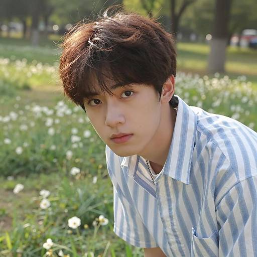 Young Man in Striped Shirt in Nature