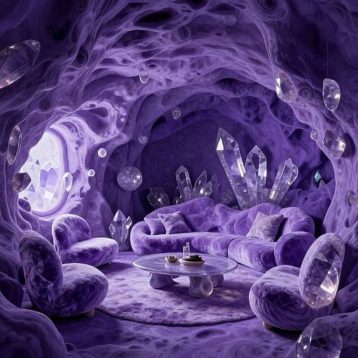 Fantasy cave scene in vibrant purple hues, featuring floating crystals, plush, cloud-like furniture, and a glowing exit. Surreal, dreamy atmosphere