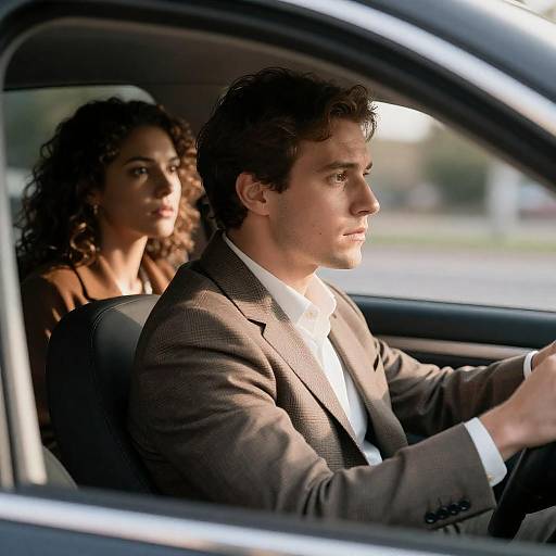 Concerned Couple in a Sunlit Car