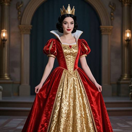 Digital illustration of a fair-skinned, black-haired princess in a red and gold ball gown with puffed sleeves, white collar, and gold crown,