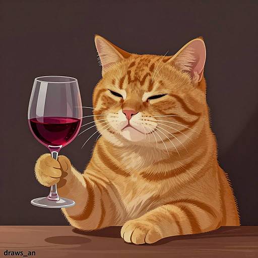 Orange Tabby Cat Holding Wine Glass Illustration
