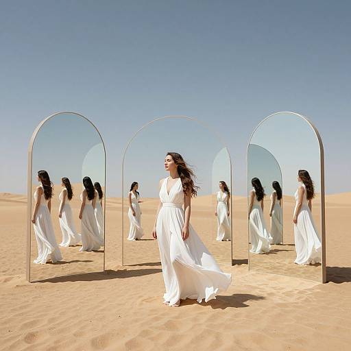 Photograph of a woman with long dark hair in a flowing white dress, walking in a desert with multiple mirrored arches reflecting her image under a clear