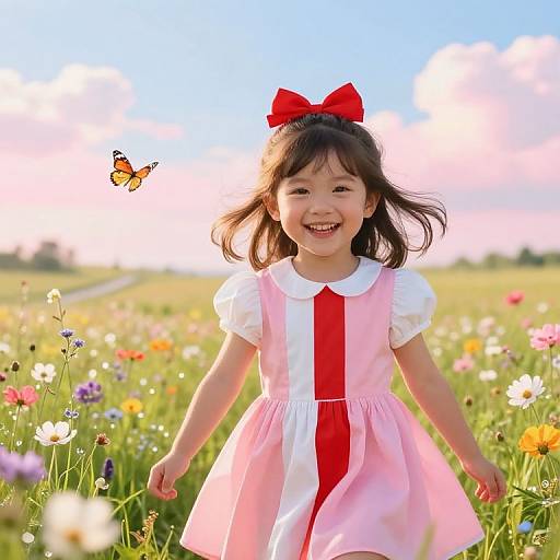 Photograph of a smiling Asian girl with black hair, wearing a pink dress with white and red accents, red bow, and white collar, running through