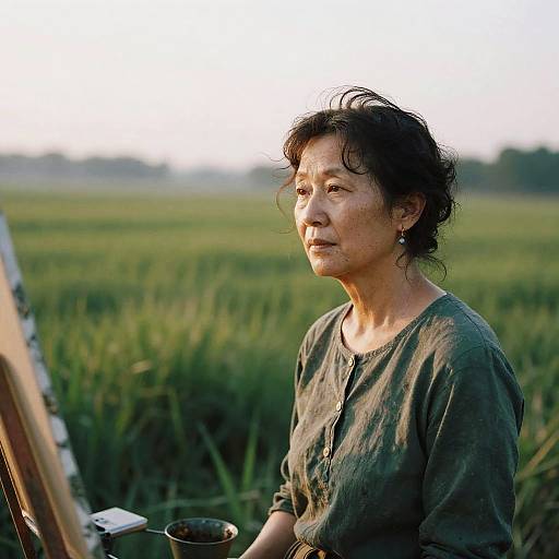 Photograph of an older Asian woman with short, curly black hair, wearing a green, buttoned shirt, painting outdoors in a lush green field during