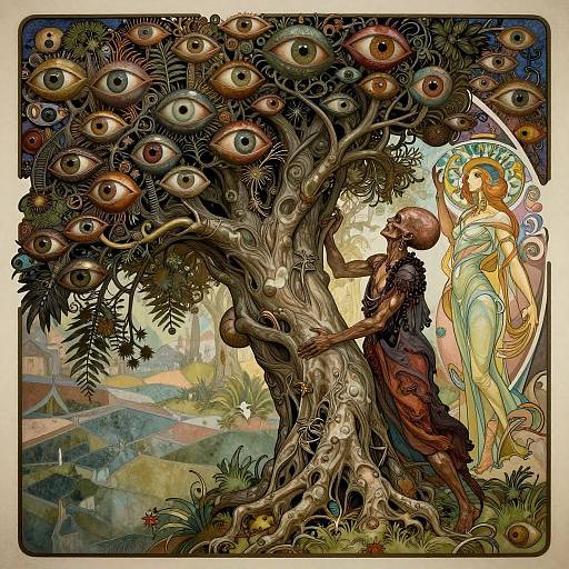 Digital artwork of a surreal tree with numerous eyes, an old bald man touching the trunk, and a glowing angelic figure in the background. Detailed,