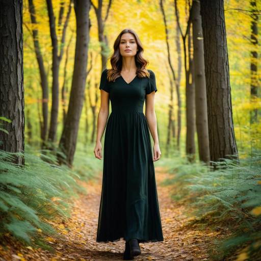 Woman in Black Dress on Autumn Forest Path