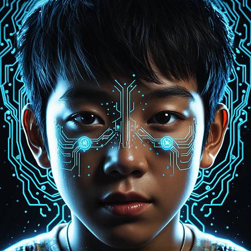 Asian Boy with Electronic Circuit Face Art
