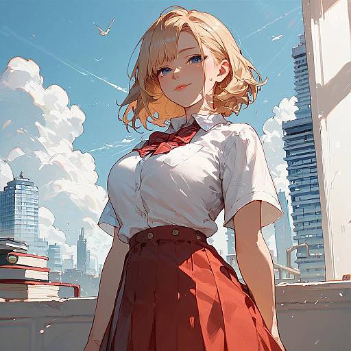 Hayase in Red Skirt Cityscape
