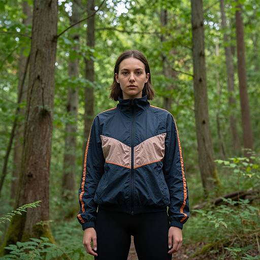 Photograph of a young woman with shoulder-length brown hair, wearing a black and beige jacket with orange stripes, standing in a lush, green forest.