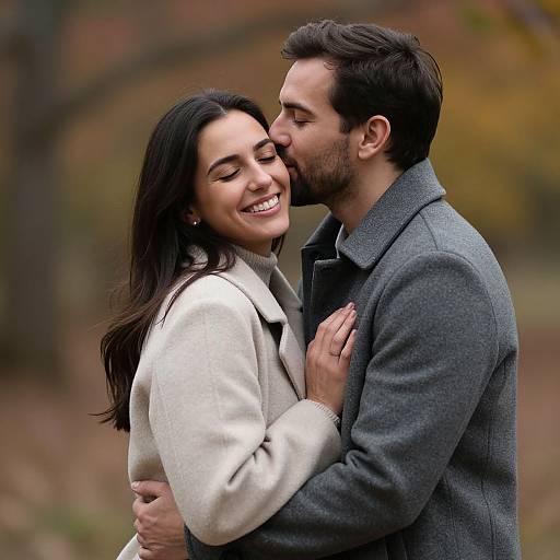 Photograph of a smiling couple in an autumn forest, man kissing woman's cheek, wearing gray coats, woman's dark hair, man's short brown