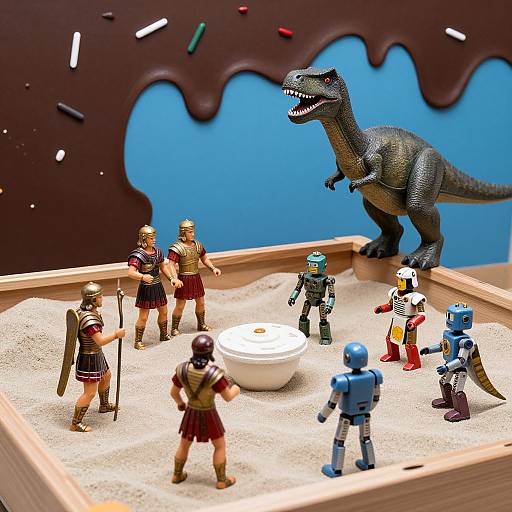 Photograph of LEGO battle scene: Roman soldiers vs. T-Rex, LEGO robots, and LEGO figures in sand arena with chocolate and blue background.