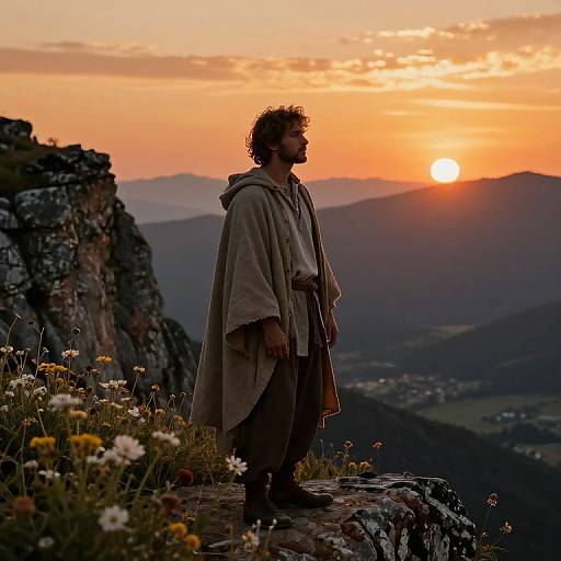 Photograph: Silhouetted man in long beige robe stands on rocky mountain ledge at sunset, surrounded by wildflowers, with orange sky and distant
