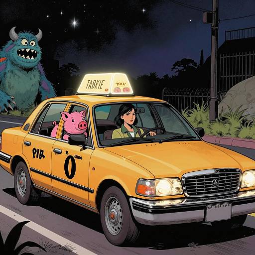 Vintage Taxi with Woman Driver and Pink Boar Passenger