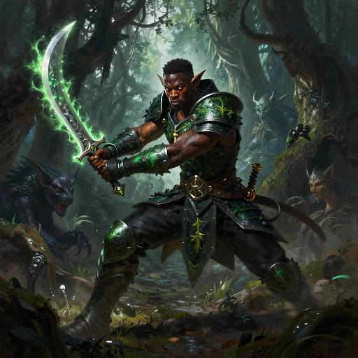 Black Elf Warrior in Enchanted Forest Battle