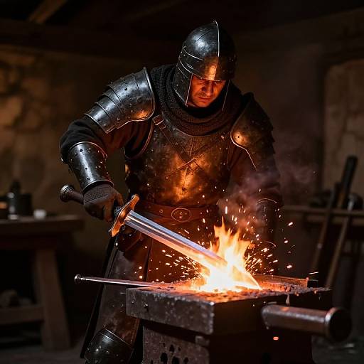 Photograph of a medieval knight in shiny silver armor, striking a fiery forge with a sword, sparks flying, in a dimly lit, rustic black