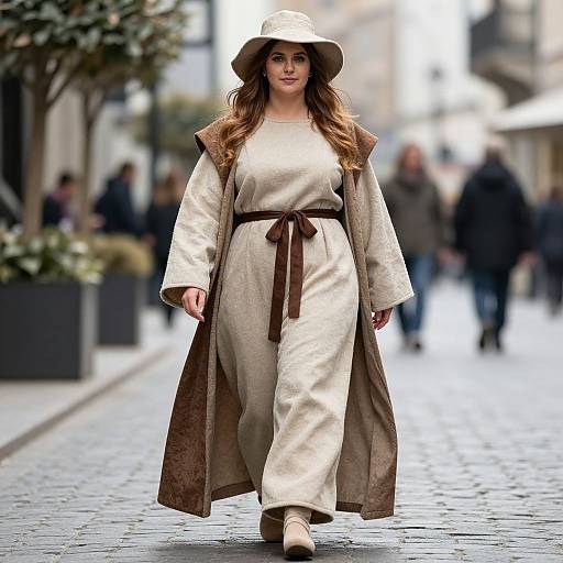 Woman Walking in Toga Style Outfit with Hat