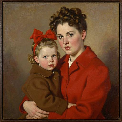 Oil painting of a woman with fair skin and dark curly hair, wearing a red coat, holding a blonde child with a red bow and brown coat,