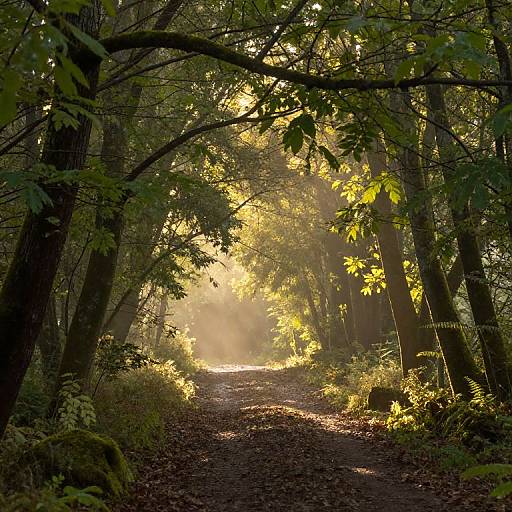 Photograph of a sunlit forest path, dappled with golden sunlight, surrounded by tall trees with green leaves and covered in fallen leaves on the