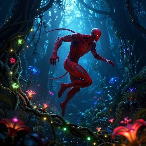 Digital artwork of a red, faceless, muscular alien leaping through a luminous, bioluminescent jungle with glowing flowers and alien eyes.