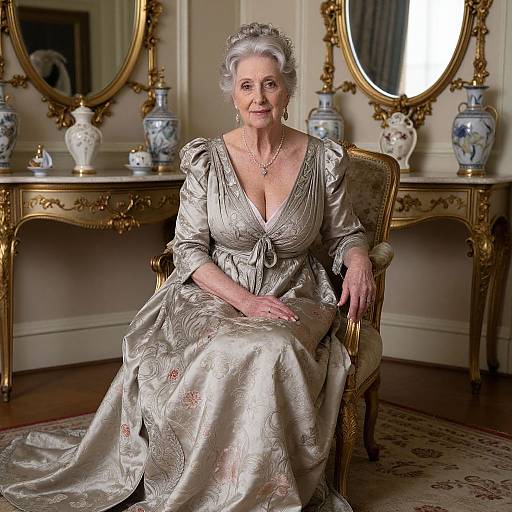 Photograph of an elderly white woman with silver hair, wearing a silver, floral-patterned, low-cut gown, sitting in an ornate room with