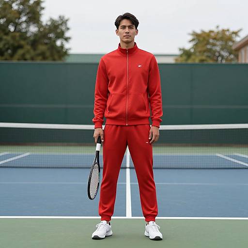 Photograph of a young man with short dark hair, wearing a red athletic track suit and white sneakers, standing on a tennis court holding a tennis racket