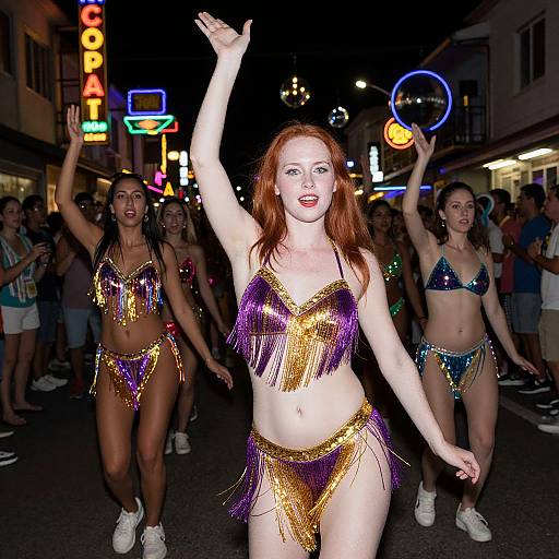 Photograph of three dancing women in vibrant, sequined bikinis with gold and purple fringe, performing on a neon-lit street at night. Red
