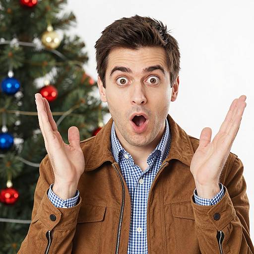 Surprised Man with Christmas Tree Background
