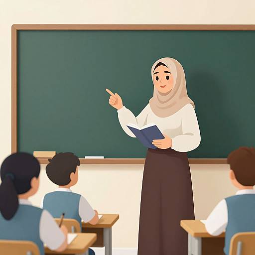 Digital illustration of a smiling female teacher in hijab, white long-sleeve shirt, black skirt, pointing at a green chalkboard in a classroom