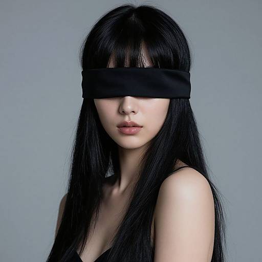 Photograph of an Asian woman with long black hair, blindfolded with a black strip, pale skin, and neutral expression, against a gray background