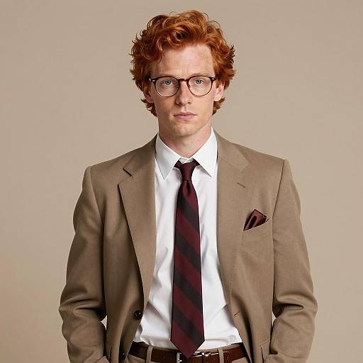 Young Man in Light Brown Suit with Maroon Tie