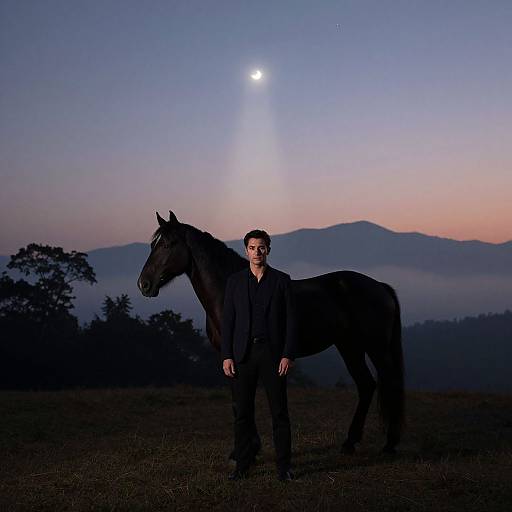 Photograph of a man in a black shirt standing beside a black horse at dusk, with a moonlit sky and misty mountains in the background.