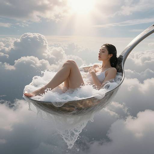 Photorealistic digital artwork of an Asian woman in a white bikini, reclining in a silver spoon-shaped boat, floating among fluffy clouds with sunlight shining