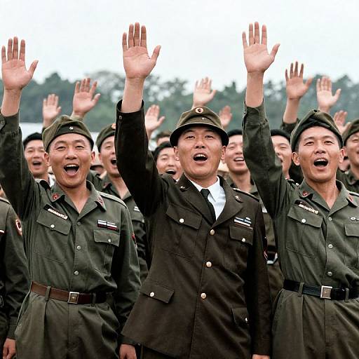 Photograph of a group of Asian military personnel, both men and women, raising their hands in unison, wearing dark green and black uniforms, with