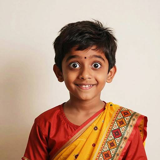 Photograph of a smiling young Indian boy with dark hair, brown eyes, and a small facial mole, wearing a red shirt and yellow sari with