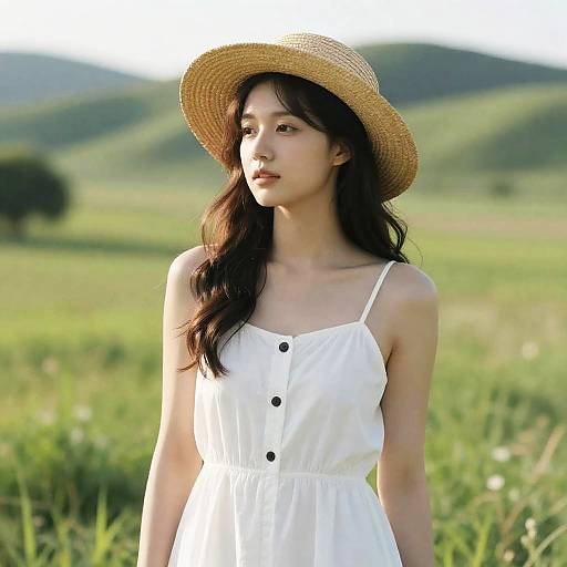 Young Woman in Straw Hat in Meadow