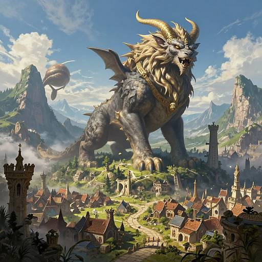 Digital fantasy artwork: A massive, muscular dragon with golden horns and a mane stands over a medieval village with red-roofed houses, surrounded by mountains