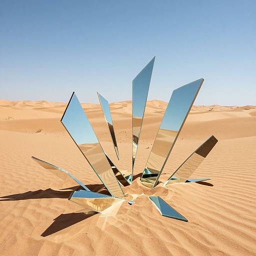 Photograph of a cluster of reflective glass shards emerging from golden sand dunes under a clear blue sky.