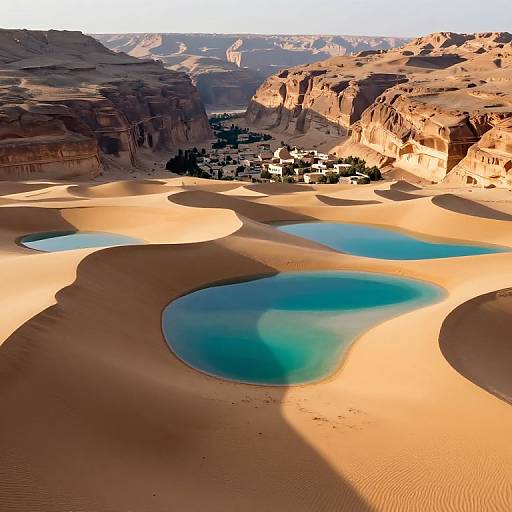 Aerial photograph of a desert oasis with turquoise blue water pools surrounded by golden sand dunes, nestled between rocky cliffs and a small village.
