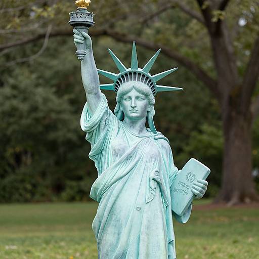 Photograph of the Statue of Liberty holding torch aloft and tablet with 