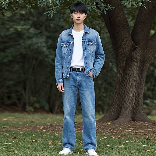 Photograph of an Asian man with black hair, wearing a blue denim jacket, white shirt, blue jeans, black belt, and white sneakers, standing