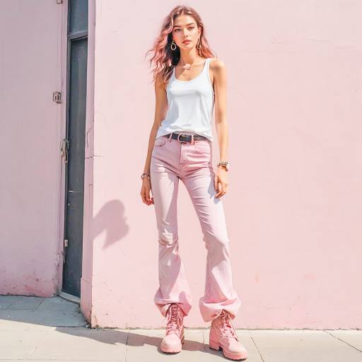 Fashionable Woman in Pink Flare Jeans and White Tank Top