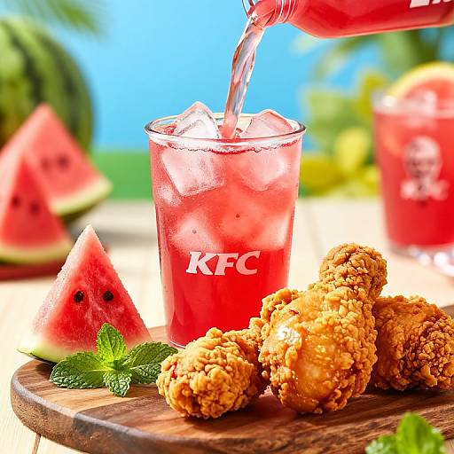 Photograph of a glass being filled with red KFC drink, topped with ice, beside golden fried chicken nuggets and watermelon slices, with fresh