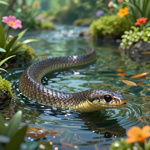 Photograph of a sleek, dark-scaled snake with shiny skin gliding through a vibrant, reflective pond surrounded by colorful flowers and lush greenery.