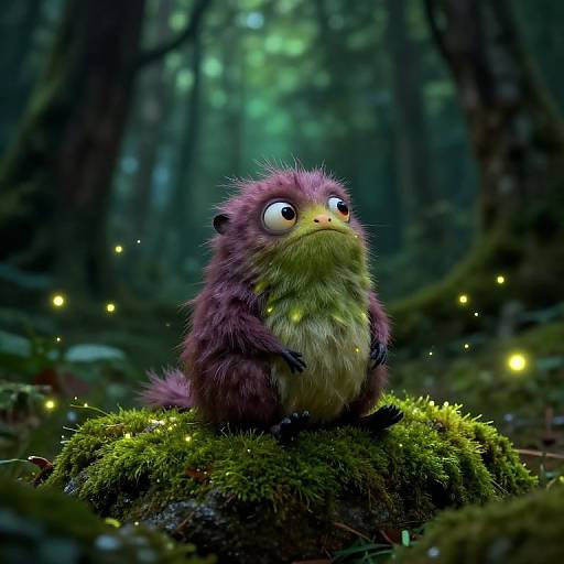 Digital artwork of a cute, fluffy, purple and green forest creature with wide eyes, sitting on a mossy log in a dark, enchanted forest with