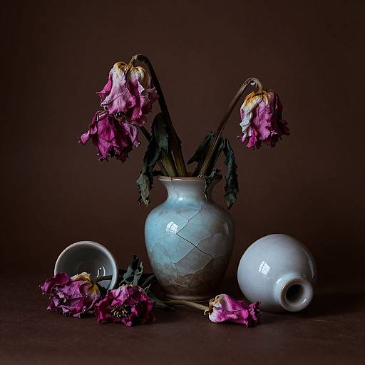 Photograph of a blue ceramic vase with wilted pink flowers, two broken white ceramic pieces, and dark brown background.