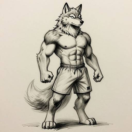 Black-and-white digital drawing of a muscular anthropomorphic wolf with a toned physique, wearing shorts, standing confidently with a fierce expression.