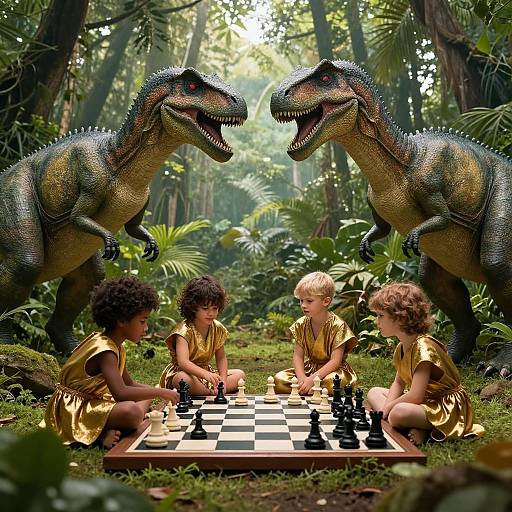 Photograph-style CGI: Four children in gold dresses play chess in a jungle, surrounded by two large, fierce dinosaurs. Sunlight filters through trees in